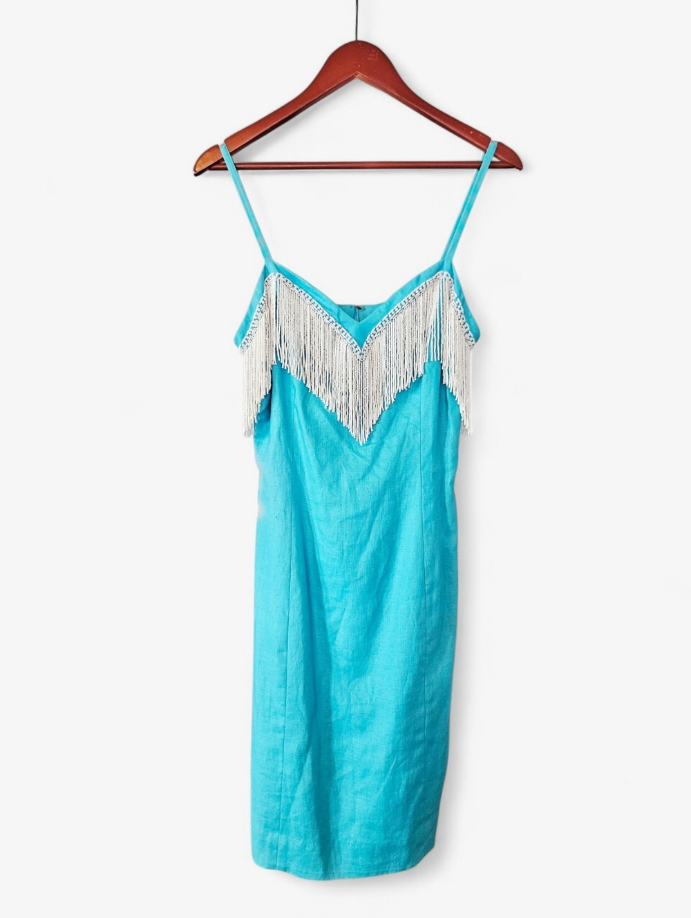 Vintage Pia Rucci 1980’s Blue Linen Beaded Fringe Party Cocktail Mini Dress 8